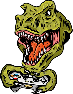 Hình minh họa khủng long T-Rex đang cầm tay cầm chơi game phong cách hoạt hình