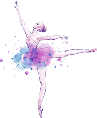 Hình ảnh vũ công ballet nữ đang thực hiện động tác múa uyển chuyển, mặc váy tutu màu hồng tím và xanh lam.