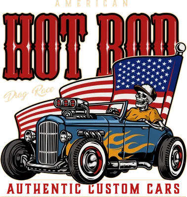Hình minh họa xe Hot Rod màu xanh với họa tiết lửa, người lái là bộ xương đội mũ, phía sau là cờ Mỹ. Có chữ 'AMERICAN HOT ROD'.