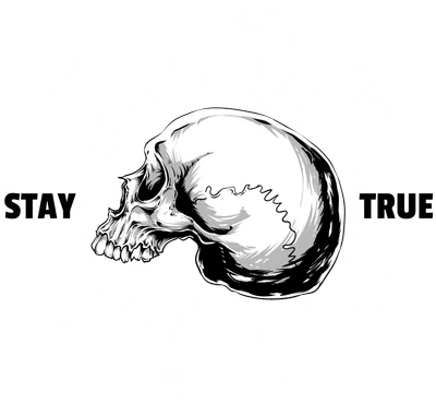Hình in đầu lâu trắng đen phong cách vintage với chữ 'Vintage Apparel', 'Stay True', 'Street Style' trên nền xám.