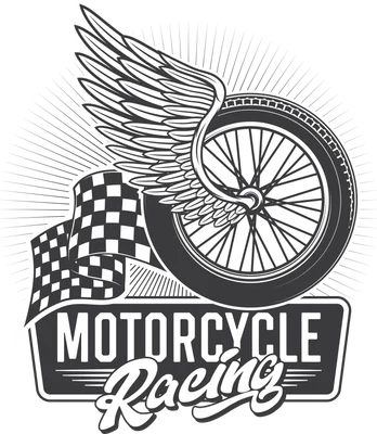 Hình ảnh bánh xe mô tô có cánh, cờ đua caro và chữ 'MOTORCYCLE Racing' trên nền xám, phong cách đồ họa vintage.