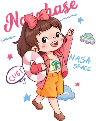 Hình vẽ cô bé hoạt hình đội nơ hồng, mặc áo khoác hồng, quần cam, cầm phao, với các yếu tố vũ trụ như UFO, sao, mây.