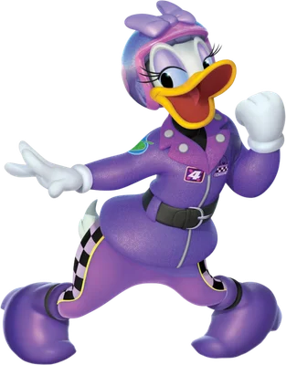 Hình ảnh Daisy Duck hoạt hình trong bộ đồ đua xe màu tím, đội mũ bảo hiểm, đang chạy trên nền xám.