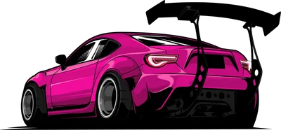 Hình minh họa xe thể thao màu hồng neon với cánh gió lớn, phong cách JDM.