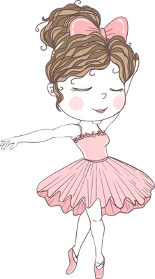 Hình vẽ cô bé múa ba lê mặc váy hồng, tóc búi cao cài nơ hồng, mắt nhắm mơ màng.