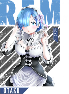 Hình ảnh Rem, nhân vật anime dễ thương trong trang phục hầu gái, tóc xanh, mắt xanh, với chữ 'REM' và 'OTAKU' trên nền xám.