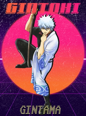 Nhân vật Gintoki Sakata từ anime Gintama, mặc kimono trắng xanh, cầm kiếm, trên nền retro synthwave.