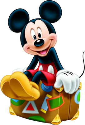 Mickey Mouse hoạt hình vui vẻ, mỉm cười thân thiện, ngồi trên chiếc vali du lịch màu nâu với các miếng dán