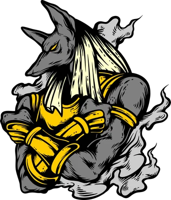 Hình vẽ Anubis, thần đầu chó Ai Cập cổ đại, mặc giáp vàng, với khói xám bao quanh.
