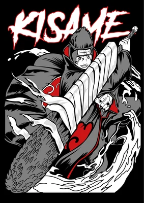 Hình minh họa nhân vật Kisame Hoshigaki từ Naruto, cầm thanh kiếm Samehada, với hiệu ứng nước và chữ "KISAME" phía trên.