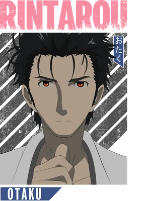 Hình ảnh Okabe Rintarou từ anime Steins;Gate, với chữ RINTAROU và OTARU, phong cách graphic.