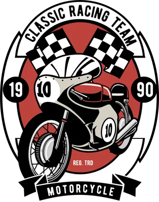 Huy hiệu Classic Racing Team với hình ảnh xe mô tô cổ điển và cờ đua caro