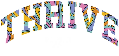 Hình ảnh chữ THRIVE lớn với họa tiết lượn sóng nhiều màu sắc, bên dưới là chữ PASSION và hai biểu tượng quả địa cầu.