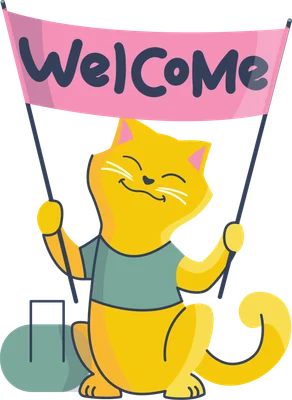 Hình ảnh hoạt hình mèo vàng tươi cười cầm băng rôn màu hồng có chữ "Welcome"