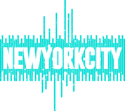 Hình ảnh chữ NEW YORK CITY màu trắng trên nền xám, phía sau là các đường sọc xanh ngọc tạo hiệu ứng đô thị.