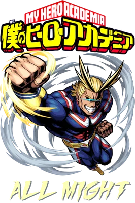Nhân vật All Might trong trang phục anh hùng màu xanh, đỏ, vàng, tung cú đấm về phía trước, có khói bao quanh. Phía trên có logo My Hero Academia.