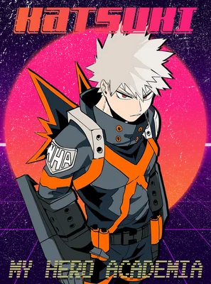 Hình minh họa nhân vật Katsuki Bakugo từ My Hero Academia với trang phục màu xám và cam, nền retro.