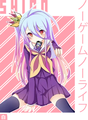 Hình ảnh cô gái anime tóc tím dài, mắt đỏ, mặc đồng phục học sinh màu tím, cầm một thẻ bài nhỏ.