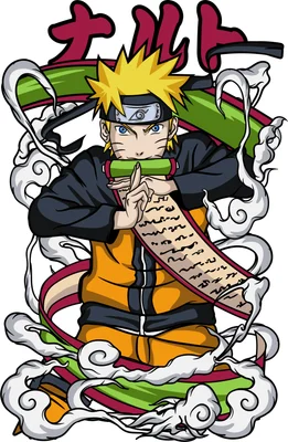 Hình ảnh Naruto Uzumaki trong trang phục cam đen, thi triển nhẫn thuật cuộn giấy, bao quanh bởi mây trắng và dải lụa xanh đỏ.