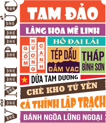 Hình ảnh typography liệt kê các địa danh và đặc sản nổi tiếng của tỉnh Vĩnh Phúc, Việt Nam với nhiều màu sắc.