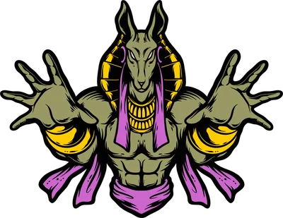 Hình minh họa thần Anubis với đầu chó rừng, thân người vạm vỡ, tay dang rộng, đeo trang sức vàng và tím.