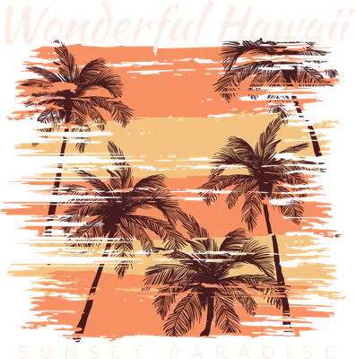 Hình in họa tiết cây dừa và hoàng hôn phong cách retro với dòng chữ Wonderful Hawaii Sunset Paradise