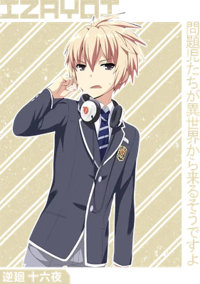 Hình ảnh chàng trai anime tóc vàng, đeo tai nghe, mặc đồng phục học sinh, biểu cảm bối rối.