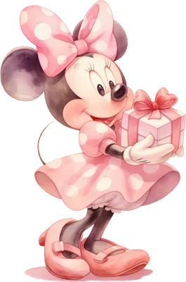 Minnie Mouse hoạt hình dễ thương mặc váy hồng chấm bi, cầm hộp quà màu hồng với nơ, vẽ theo phong cách màu nước.