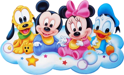 Hình ảnh hoạt hình baby Mickey, Minnie, Donald và Pluto ngồi trên đám mây xanh với sao và bong bóng, nền xám.