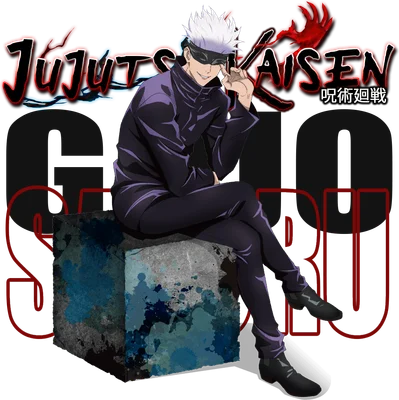 Nhân vật Gojo Satoru từ anime Jujutsu Kaisen ngồi trên khối đá, đeo băng mắt, tóc trắng, mặc đồ đen.