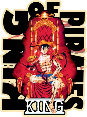 Hình ảnh Monkey D. Luffy trong One Piece ngồi trên ngai vàng, đội mũ rơm, biểu cảm mạnh mẽ, có chữ 'KING' bên dưới.