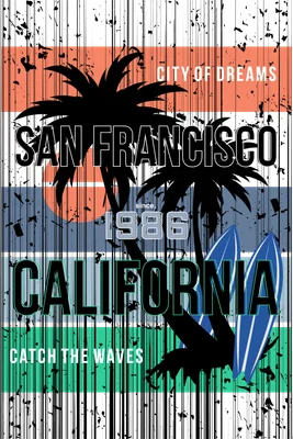 Thiết kế đồ họa phong cách California Surf Club với hình ảnh cây cọ, ván lướt sóng và hoàng hôn