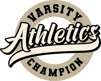 Thiết kế logo chữ Varsity Athletics Champion màu kem và đen trên nền xám, phong cách retro vintage với hiệu ứng hạt bụi.