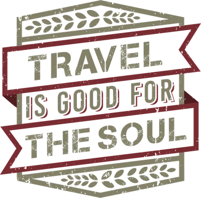 Thiết kế vintage với dòng chữ 'Travel is good for the soul' trên dải băng đỏ và nền vàng nhạt.