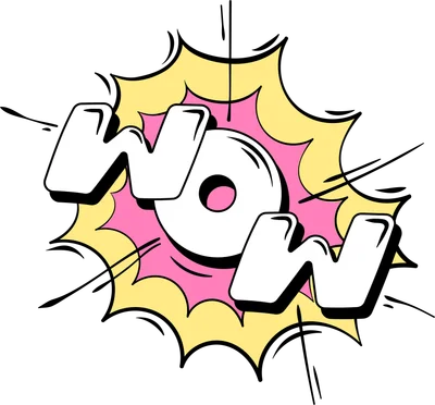Hình ảnh chữ WOW màu trắng nổi bật trên nền bong bóng pop art màu hồng và vàng, có hiệu ứng tia sáng.