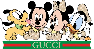 Hình ảnh các nhân vật Disney phiên bản nhí: Pluto, Mickey, Minnie, Donald Duck mặc trang phục họa tiết Gucci, ngồi cạnh nhau.