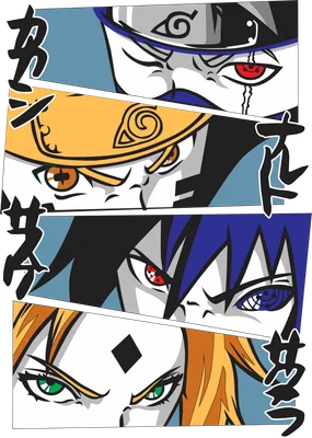 Bốn nhân vật chính trong Naruto: Kakashi, Naruto, Sasuke và Sakura, tập trung vào đôi mắt.