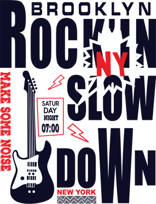 Hình đồ họa guitar điện màu đen trắng, chữ BROOKLYN ROCKIN SLOW DOWN, NY, NEW YORK, MAKE SOME NOISE trên nền xám.
