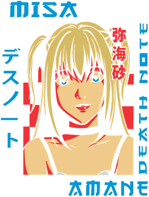 Hình ảnh Misa Amane từ anime Death Note với phong cách pop art, tóc vàng buộc hai đuôi, mắt xanh, mặc váy hai dây.