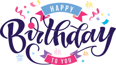 Thiết kế chữ 'Happy Birthday To You' với pháo hoa, ruy băng và bóng bay trên nền xám.