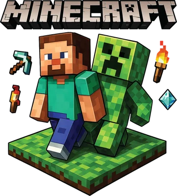 Hình ảnh Steve và Creeper từ game Minecraft đứng trên nền cỏ, có biểu tượng pickaxe, đuốc và kim cương.