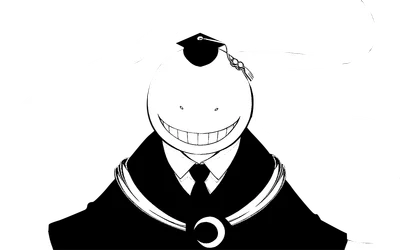 Hình vẽ nhân vật Koro Sensei đội mũ tốt nghiệp, mặc vest, cười tươi với các xúc tu trắng trên nền xám.