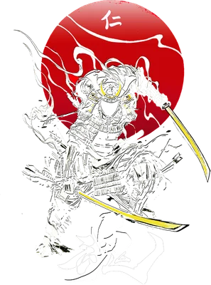 Hình ảnh chiến binh Samurai mặc giáp, cầm hai thanh kiếm Nhật Bản, với mặt trời đỏ và chữ Hán phía sau.