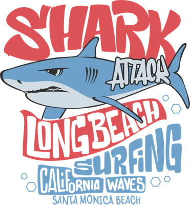 Hình in cá mập hoạt hình màu xanh với chữ 'SHARK ATTACK' và 'LONG BEACH SURFING CALIFORNIA' trên nền xám.