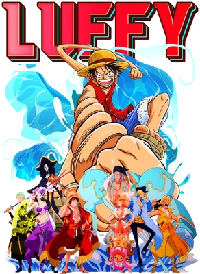 Hình ảnh Monkey D. Luffy và các thành viên băng Mũ Rơm trong One Piece, với chữ "LUFFY" lớn phía trên.
