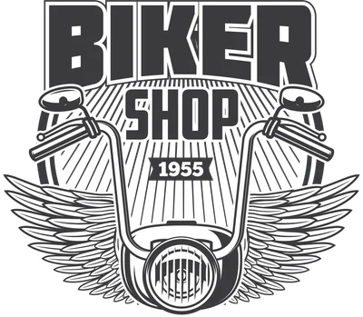 Hình ảnh đồ họa phong cách vintage với dòng chữ BIKER SHOP 1955, hình ảnh phần đầu xe mô tô có tay lái và đèn pha, cùng đôi cánh hai bên.