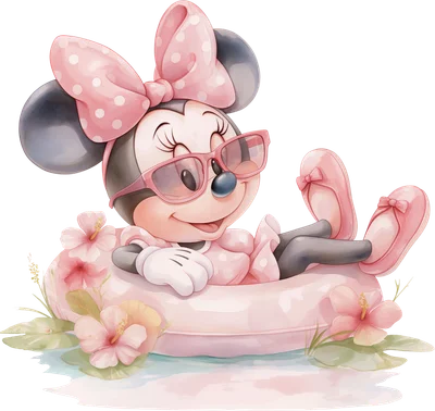 Minnie Mouse hoạt hình dễ thương đeo kính râm hồng, nằm thư giãn trên phao bơi màu hồng cùng hoa dâm bụt.