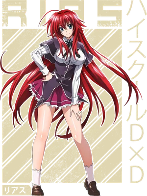 Hình ảnh Rias Gremory, nhân vật anime tóc đỏ dài, mặc đồng phục học sinh, đứng tạo dáng.