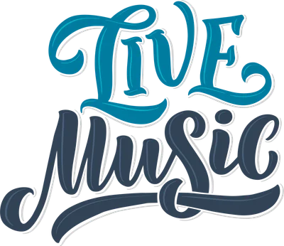 Chữ Live Music viết tay phong cách thư pháp 3D với màu xanh ngọc và xanh đậm, có viền trắng nổi bật.