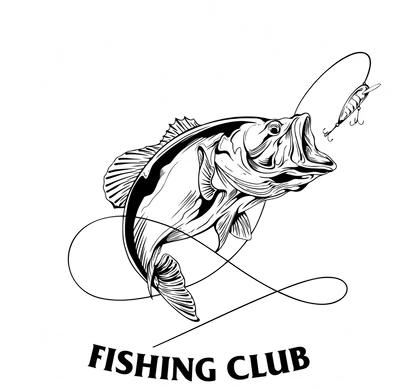 Hình vẽ cá vược (bass fish) đang nhảy vọt với mồi câu và dây câu, thiết kế logo câu cá Wild River Team Fishing Club.
